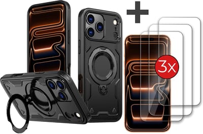 Hoesje Geschikt voor iPhone 17 Pro Max met 3 Stuks gehard glas Screenprotector - Armor hoes met Ringhouder - Arara backcover - Zwart