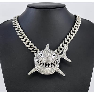 Collier Pendentif Grand Requin Entièrement Cristallisé Glacé Hip Hop Avec Chaîne Cubaine 13mm Colliers Bling Hip Hop Bijoux Charm Pour Homme Cadeau gray