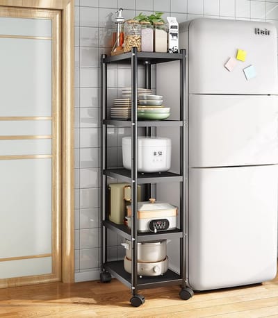 Stellingkast Metaal 5 Laags - Opbergrek met Wielen - Verstelbare Planken - Zwaar Belastbaar - Opbergrek Garage - Keukenrek - Opbergkast - Zwart - 151 cm