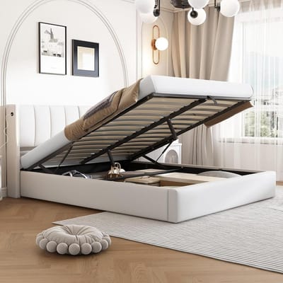 Gestoffeerd Bed - Opbergbed Tweepersoons - Slaapkamer Inrichten - Verstelbaar Hoofdeinde - 140 x 190 cm - Wit