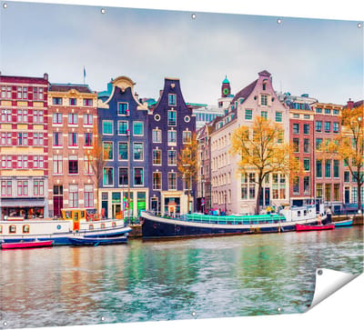 Gards Tuinposter Amsterdamse Huisjes vanaf de Gracht - 160x120 cm - Tuindoek - Tuindecoratie - Wanddecoratie buiten - Tuinschilderij