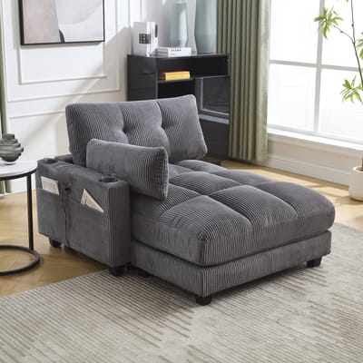 REDOM - Loungestoel - Met Bekerhouders En Zijvak - Modern Minimalistisch - Voor Woonkamer Of Slaapkamer - Corduroy - Grijs - 140 x 112 x 81 cm
