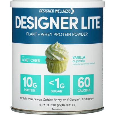 Designer Wellness, Designer Lite, Plantaardig + Wei-eiwitpoeder, Vanille Cupcake, 255 gram (256 gr)