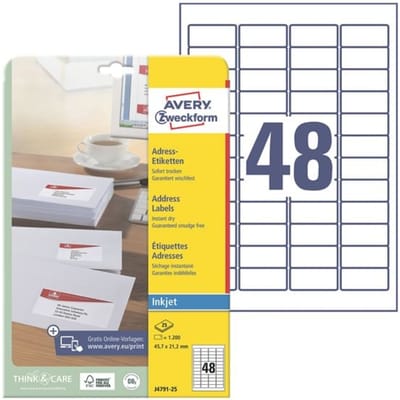 Avery-Zweckform Adresetiketten J4791-25 (N/A ),Wit, Rechthoek, Afgeronde hoeken, 1200 stuk(s), Permanent hechtend