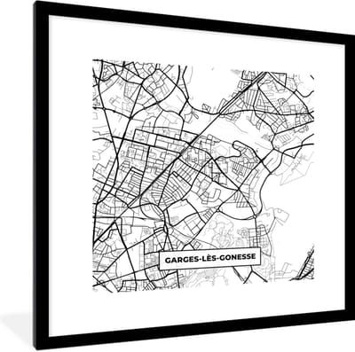 Fotolijst incl. Poster Zwart Wit- Stadskaart - Plattegrond - Garges-lès-Gonesse - Kaart - Frankrijk - Zwart wit - 40x40 cm - Posterlijst