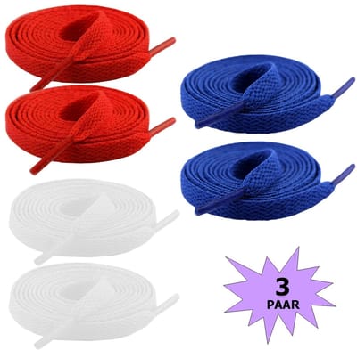 Fako Fashion - Schoenveters - Veters - Plat - 8mm - 120cm - 3 Paar - 6 Stuks - Donkerblauw, Rood & Wit