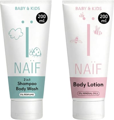 Naïf - 2-in-1 Shampoo & Body Wash & Bodylotion - Voordeelset - Baby & Kids - Natuurlijk - Reinigend - 2x200ml