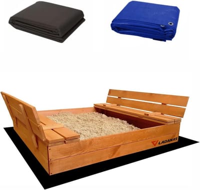 Sandpit with closed wooden children's lid, 140 x 140 cm, sandbanks with lid, impregnated pine wood, including 1 tarpaulin, 1 insulation tarpaulin