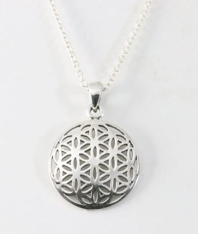 Fijne ronde zilveren levensbloem hanger aan ketting
