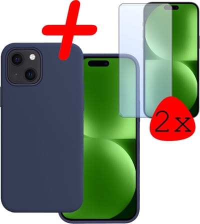 Hoesje Met 2x Screenprotector - Geschikt voor Apple iPhone 15 - Sterk & Shockproof - Back Cover - Siliconen Case - Telefoon Hoes - Donkerblauw
