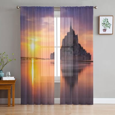 MONT SAINT MICHEL FRANKRIJK Transparant Gordijn Voor Woonkamer Slaapkamer Voile Gordijnen Voor Raam Organza Gordijnen Feest Tule Draperieën 135W x 114H(cm) beige