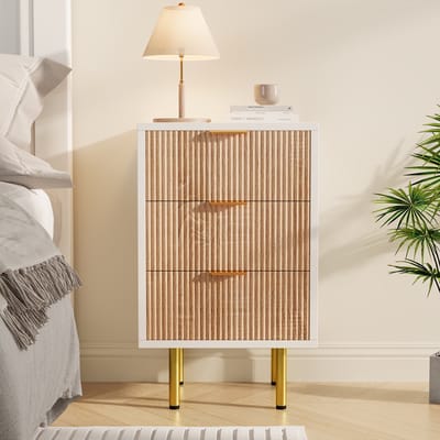 Nachtkastjes Set van 2 Naturel Houtlook – Met 3 Lades, Golvend Design & Gouden Handgrepen – Modern Nachtkastje