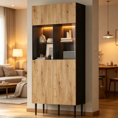 FloraGrace Vitrinekast - Met Ledverlichting En 10 Opbergvakken - Voor Woonkamer En Eetkamer - MDF Glas En Metaal - 80x35x180 Cm