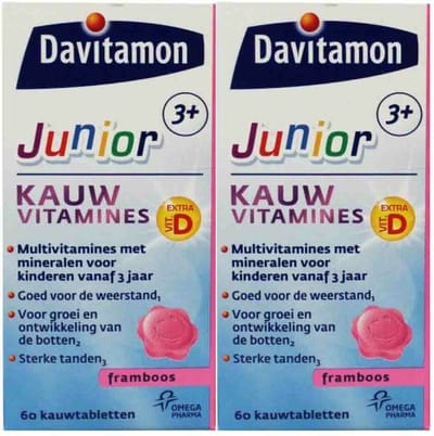 Davitamon Junior 3+ Kauwvitamines Framboos - 2 x 60 kauwtabletten - Voordeelverpakking