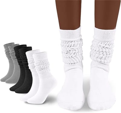 Daity Dames slouchkousen - geplooide kousen - zachte kniekousen - dames gelaagde dijkousen - 3-pack (wit - zwart - grijs)