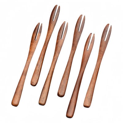 6 items - Fruitvork - tweetandig - kleine huishoudelijke vork van nanmuhout voor gebak en desserts - 13,5*1,2 cm - natuurlijke houtkleur
