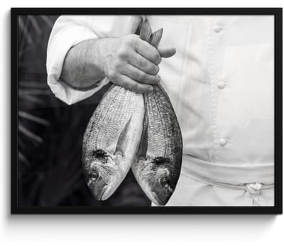 Poster in lijst - Fotolijst 80x60 cm - Posters - Vissen - Chef - Zwart - Wit - Posterlijst zwart - Decoratie - Wanddecoratie woonkamer - Muurdecoratie slaapkamer