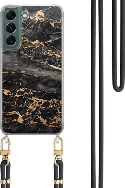 Casimoda® hoesje met koord - Geschikt voor Samsung S22 - Marmer Grijs Brons - Afneembaar koord - TPU/polycarbonaat - Zwart