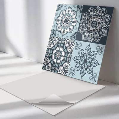 Wallfluent Vinyl Tegels - Mandala-Patronen in Raster Zelfklevende Vinyltegels - 30 cm x 30 cm - Turkoois Vinyl Tegels - 9 stuks - Vierkant PVC Tegels - Patroon Plaktegels - Vloer Tegels PVC - Plaktegels Keuken en Badkamer
