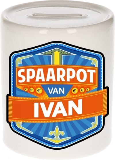 Bellatio Decorations Kinder spaarpot met naam - Ivan - keramiek - met dop - wit - Sparen - Spaargeld van Ivan