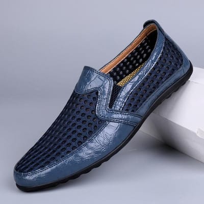 Mocassins d'été en cuir pour hommes, chaussures décontractées, respirantes, baskets tendance, confortables, en caoutchouc noir, pour l'extérieur 44 bleu