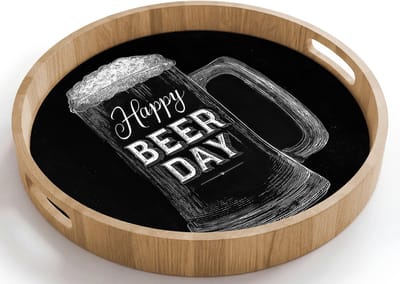 Dienblad rond 40x40 cm - Schootdienblad hout - Bierpul - Witte krijtletters - Happy beer day - Borrelplank rechthoek - Plateau houten dienbladen