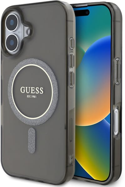 GUESS, Hoesje geschikt voor iPhone 16 - MagSafe met Glitter Cirkel, Zwart