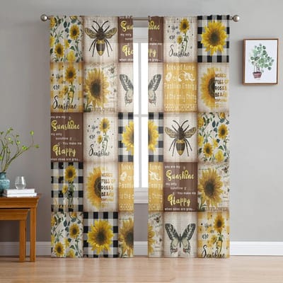 Zonnebloem Retro Rustiek Transparant Gordijn voor Woonkamer Hal Muur Aankleden Home Raam Benodigdheden Pop Print Tule Gordijnen 135W x 114H(cm) beige