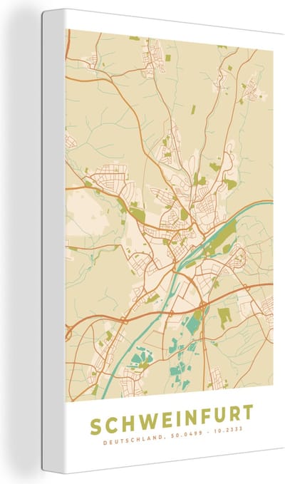 Canvas Schilderij Schweinfurt - Plattegrond - Vintage - Stadskaart - Kaart - 20x30 cm - Wanddecoratie
