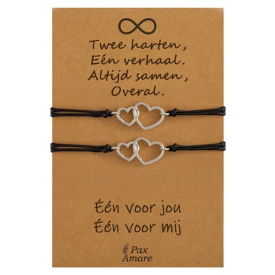 Vriendschapsarmbandjes voor 2 " Twee Harten, Een Verhaal ∞" - Verbonden Hartjes - BFF Armbandjes met Persoonlijk Cadeau Kaartje - Zilverkleurig - Elastisch Verstelbaar - Pax Amare