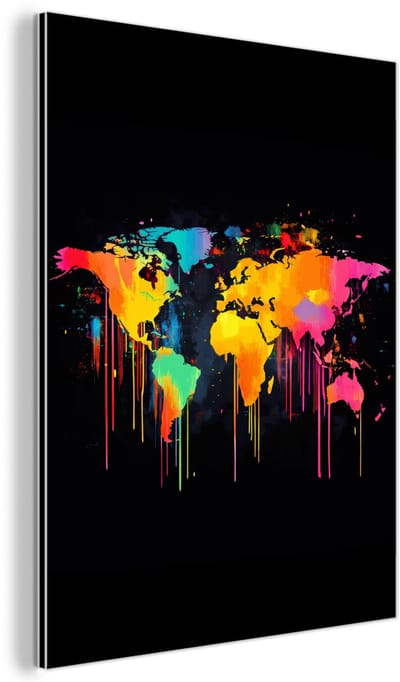 Aluminium schilderij 60x80 cm - Wanddecoratie metaal - Wereldkaart - Verf - Kleurrijk - Graffiti - Wereld - Metalen muurdecoratie woonkamer - Decoratie industrieel - Foto op dibond - Industriële accessoires slaapkamer
