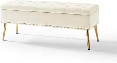 Moderne fluwelen opbergbank met gouden basis en studs - Gevoerde slaapbank voor entree en woonkamer (Wit)
