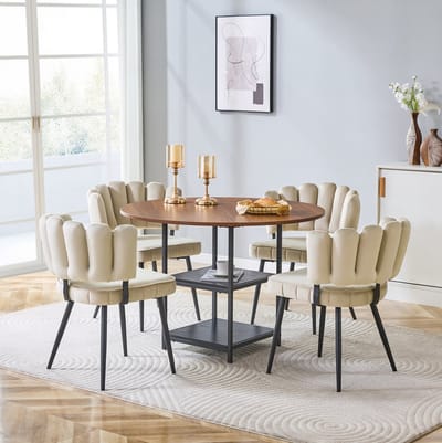 Set Tafel En Stoelen - Ronde Eettafel Met Dubbel Opbergrek - 4 Comfortabele Eetkamerstoelen - Voor Kleine Woningen - Hout En Metaal Lichtbruin