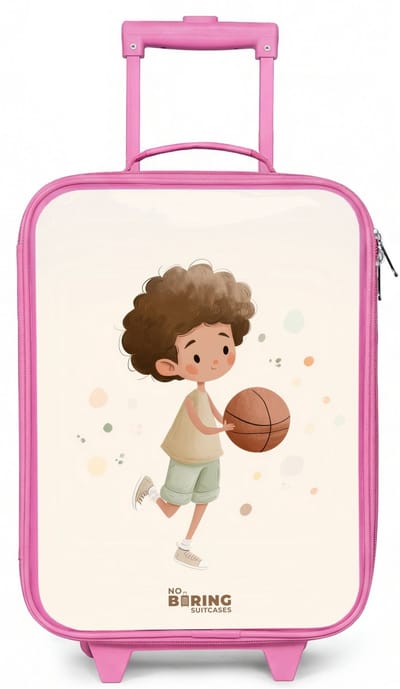 NoBoringSuitcases.com® - Kinderkoffer roze - Kindertrolley meisje - Jongen met een basketbal in beige kleuren - Koffer kind lichtgewicht - Reiskoffer trolley voor kinderen - Koffertje met lichtgevende wieltjes - Rolkoffer