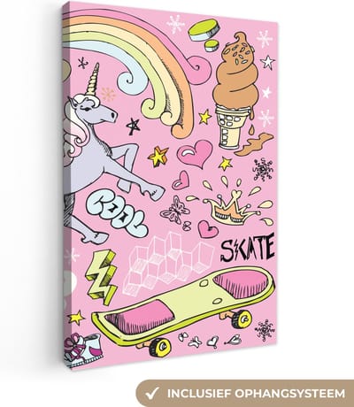 Canvas schilderij eenhoorn - Unicorn - Design - Roze - Regenboog - IJs - Canvas doek kids - Decoratie voor kinderkamers - Wanddecoratie - 20x30 cm
