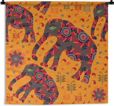 Wandkleed - Wanddoek - Olifant - Ornament - Bloemen - Patroon - 90x90 cm - Wandtapijt
