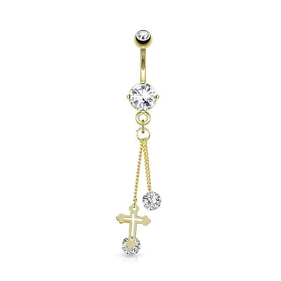 Navelpiercing kruis met lange hanger CZ steen - goud - LMPiercings