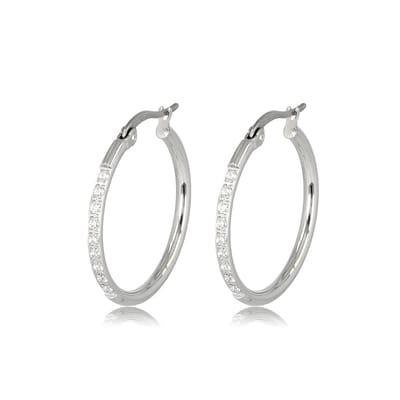 My Bendel - Zilverkleurige Oorbellen Kristal Zirkonia 25mm x 2mm - Stralende Zilverkleurige Oorringen met Zirkonia Kristallen - met Luxe Cadeauverpakking | Sieraden Voor Dames