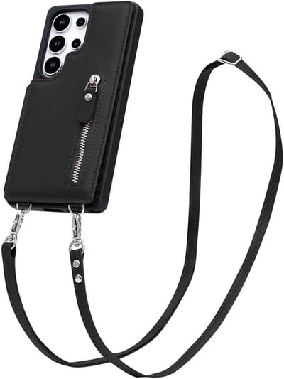 CaseMania Backcase hoesje geschikt voor Samsung Galaxy S25 Ultra - Effen Zwart - Kunstleer - met Crossbody Koord, Pashouder & Ritsvakje