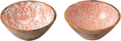 J-Line schaal - hout - wit/oranje - medium - set van 2