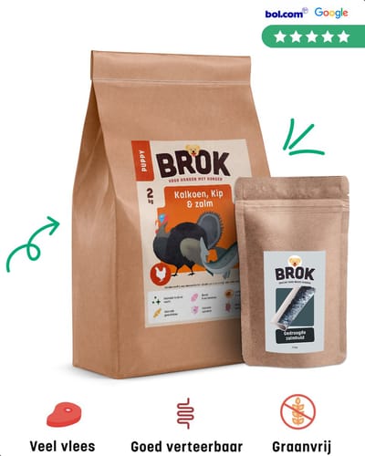 BROK Puppy Hondenbrokken Kip, Kalkoen & Zalm – Graanvrij en Gezond Hondenvoer – Proefpakket 2kg – Rijk aan Vlees – Voor Groeiende Puppies​