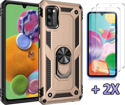 HB Hoesje Geschikt voor Samsung Galaxy A41 Goud - Anti-Shock Hybrid Armor Back Cover - Hoes met Kickstand Ring & 2X Glazen Screenprotector