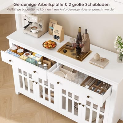 Dressoir Kast 140x40x91 cm met 4 Glazen Deuren en 2 Laden – Buffetkast met Werkblad en Verstelbare Planken, Moderne Opbergkast voor Woonkamer & Keuken Wit – Bella