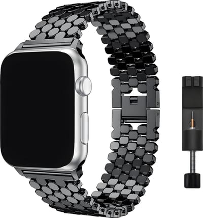 Innerlight® Hexagon+ - Zwart - 42/44/45/46/49mm - Metalen bandje geschikt voor Apple Watch - Schakel Armband RVS - Stainless Steel Watch Band - Geschikt als Apple Watch bandje voor Series 1/2/3/4/5/6/7/8/9/10 42mm/11 42mm/SE