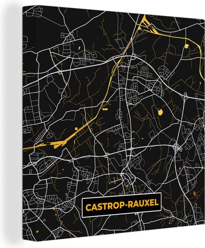 Canvas Schilderij Black and Gold – Stadskaart – Castrop Rauxel – Duitsland – Plattegrond – Kaart - 20x20 cm - Wanddecoratie