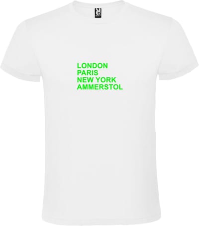 Wit T-Shirt met “ LONDON, PARIS, NEW YORK, AMMERSTOL “ Afbeelding Neon Groen Size XS