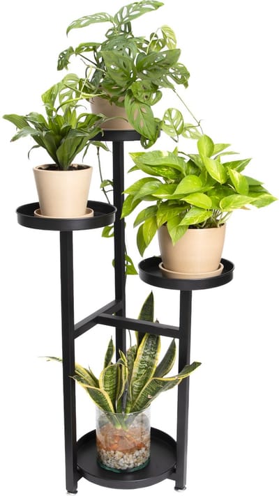QUVIO Plantenrek - Plantenstandaard - Plantentafel - Plantenrekken - Plantentrap - Plantentafeltje voor binnen - Planten rek - Bloemenrek - Planten etagere - Plantenzuil - Met 4 lagen - Metaal - Zwart