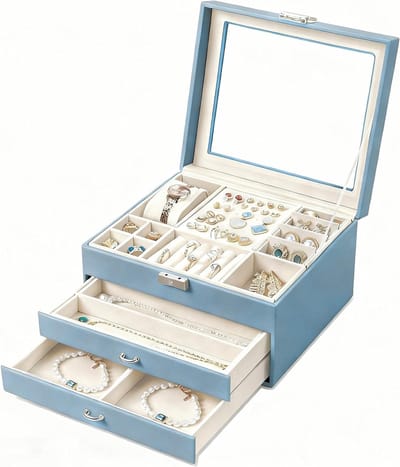 Elegante sieradendozen met glazen deksels, 3-laags opbergdoos voor sieraden, PU leren organizer voor ringen, kettingen, oorbellen en armbanden, perfect voor vrouwen