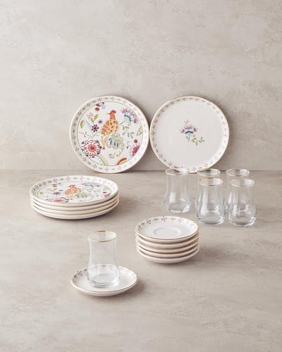 English Home Angelo Seramik Gebakset 18-delig – 6 Personen – Dessertborden Set met Bloemenmotief – Multicolor – Vaatwasserbestendig