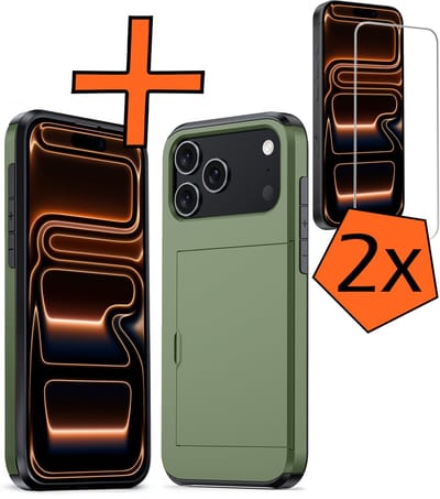 Hoesje Geschikt voor iPhone 17 Pro Hoesje Pasjeshouder Shockproof Hard Case Met 2x Screenprotector - Hoesje Geschikt voor iPhone 17 Pro Hoes Met Kaarthouder - Donkergroen